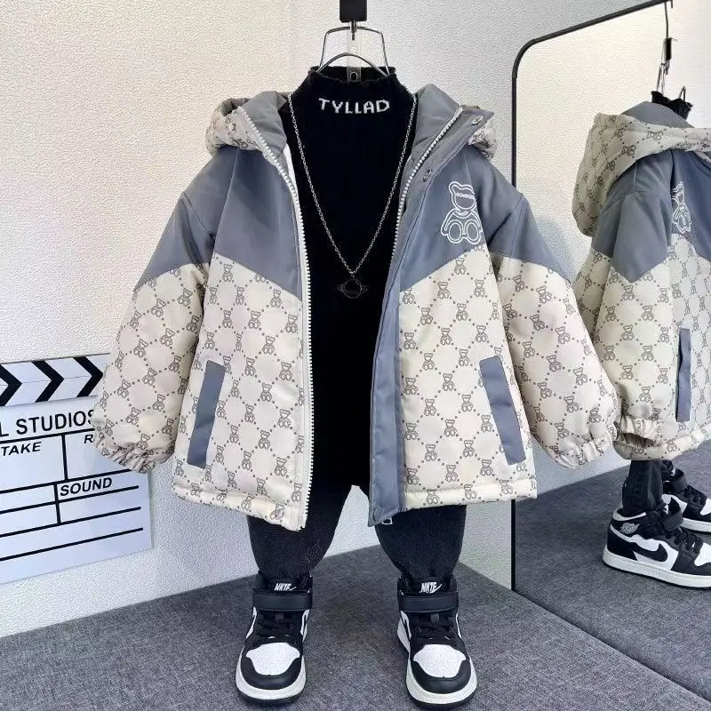 

2024 New 4-14 Years Warm Winter Boys Jacket Teenager Mid-Length Plus Velvet Thickening Hooded Cotton Coat For Kids 2-9Y