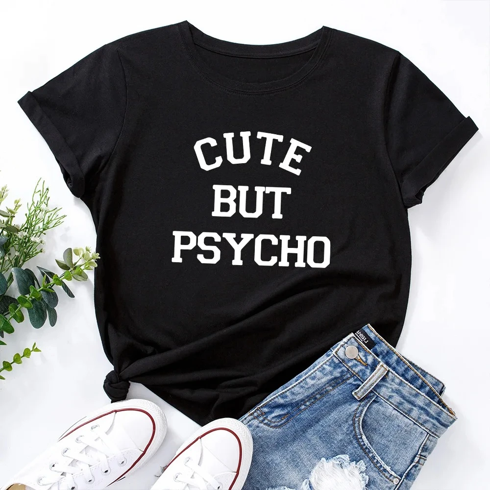 Nette Aber Psycho Brief Drucken Frauen T Shirt Kurzarm O Hals Lose Frauen T-shirt Damen T Shirt Tops Kleidung Vintage T Top