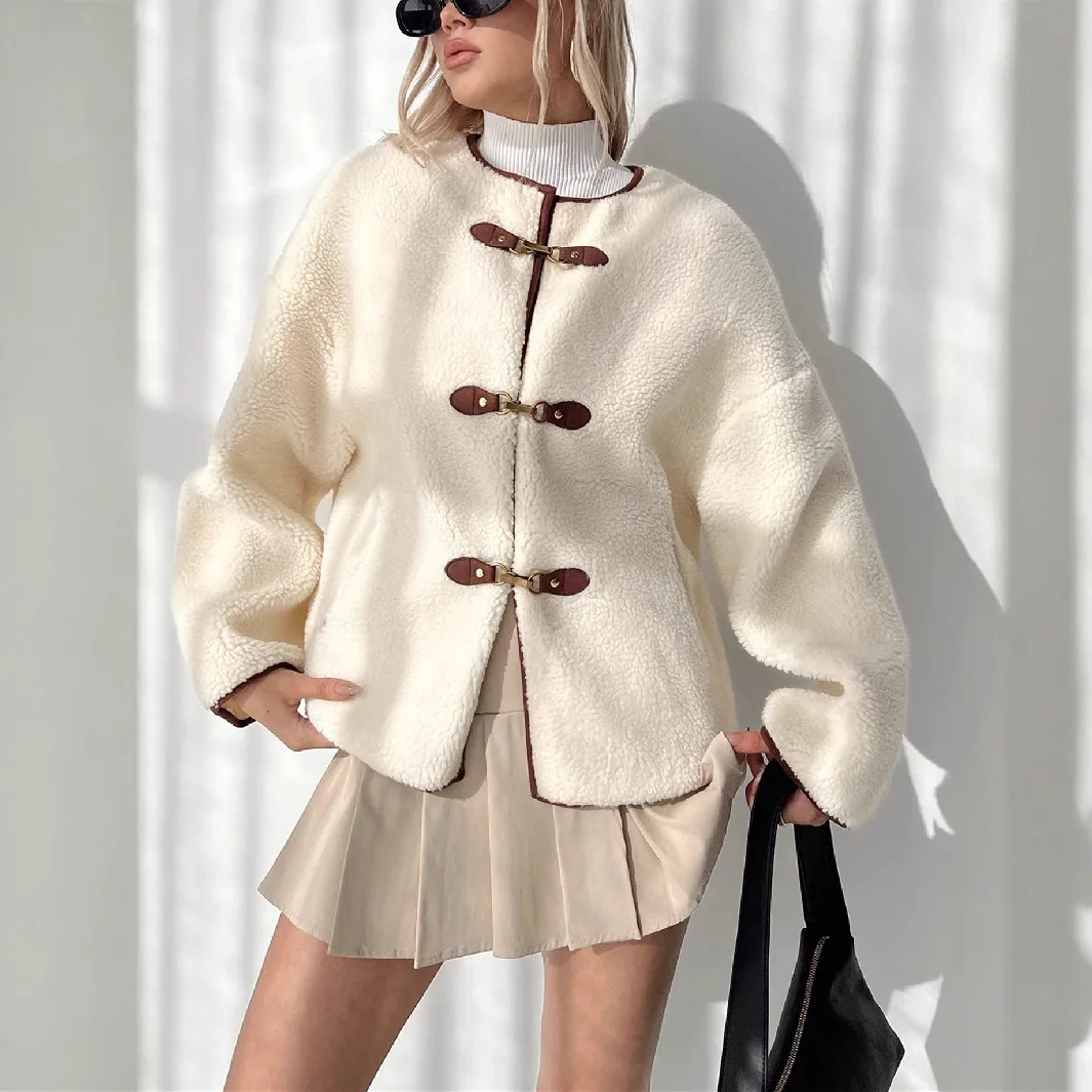 Y2K Autumn and Winter Women's Thick Plush Leather Buckle Round Neck Long Sleeve Short Fashion Style Coat