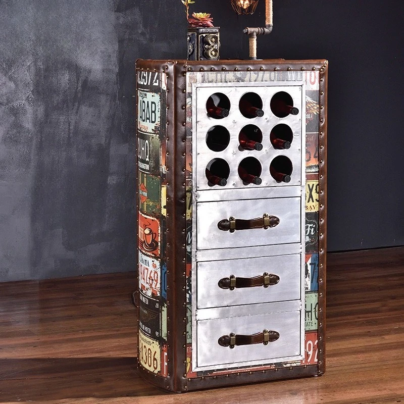 

Personalized metal aluminum leather rivets art wine cabinet retro old side four chest
