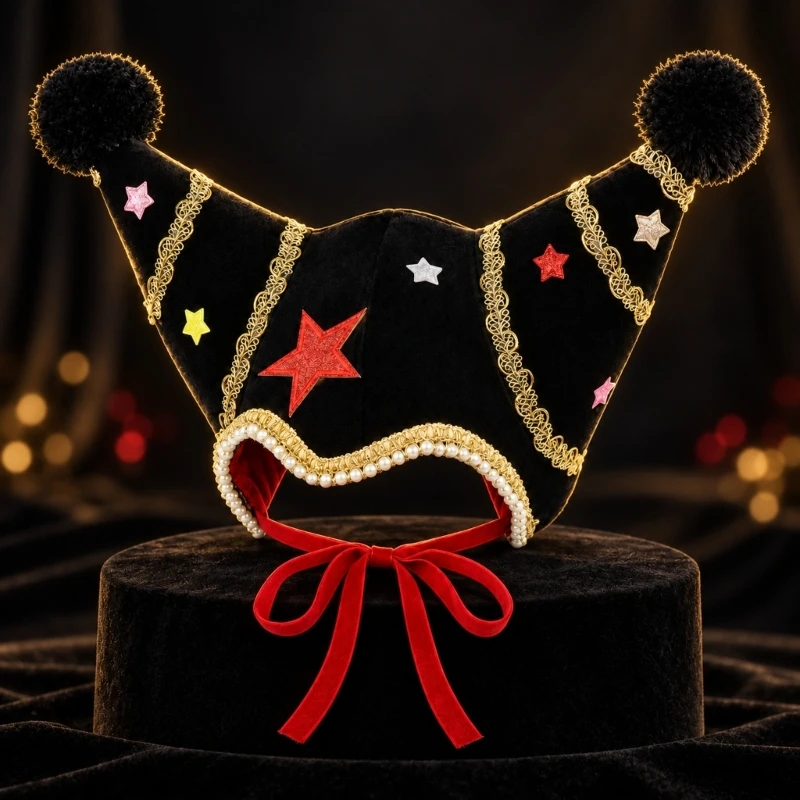 Adult Clown Costume Hat with Two-Point Multicolor Star, Furry Ball and Chin Ties for Cosplay Event D0UB