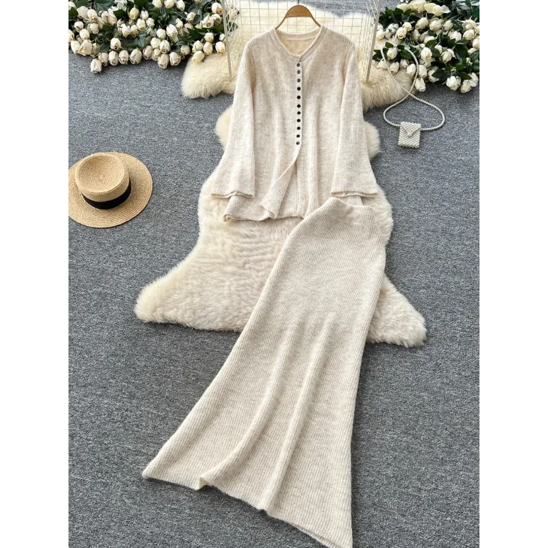 

Ленивый стиль, повседневные комплект из 2 предметов, женские осенне-зимние свободные однобортные трикотажные топы с круглым вырезом и длинными рукавами, юбка с высокой талией