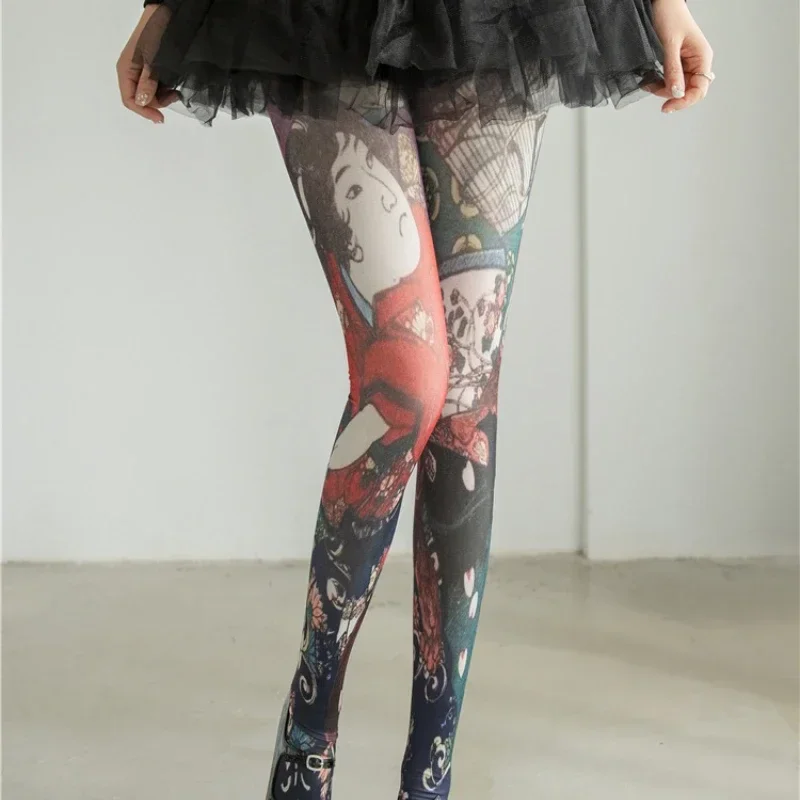 2024 Women\'s Graffiti Printed Tights Butterfly Lattice Seamless Pantyhose Female Sexy Stretch Long Socks High Waist Stockings
