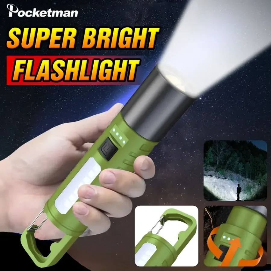

Powerful LED Flashlight Long Range Outdoor Work Light USB Rechargeable Flashlights Emergency Torch with Side Lights