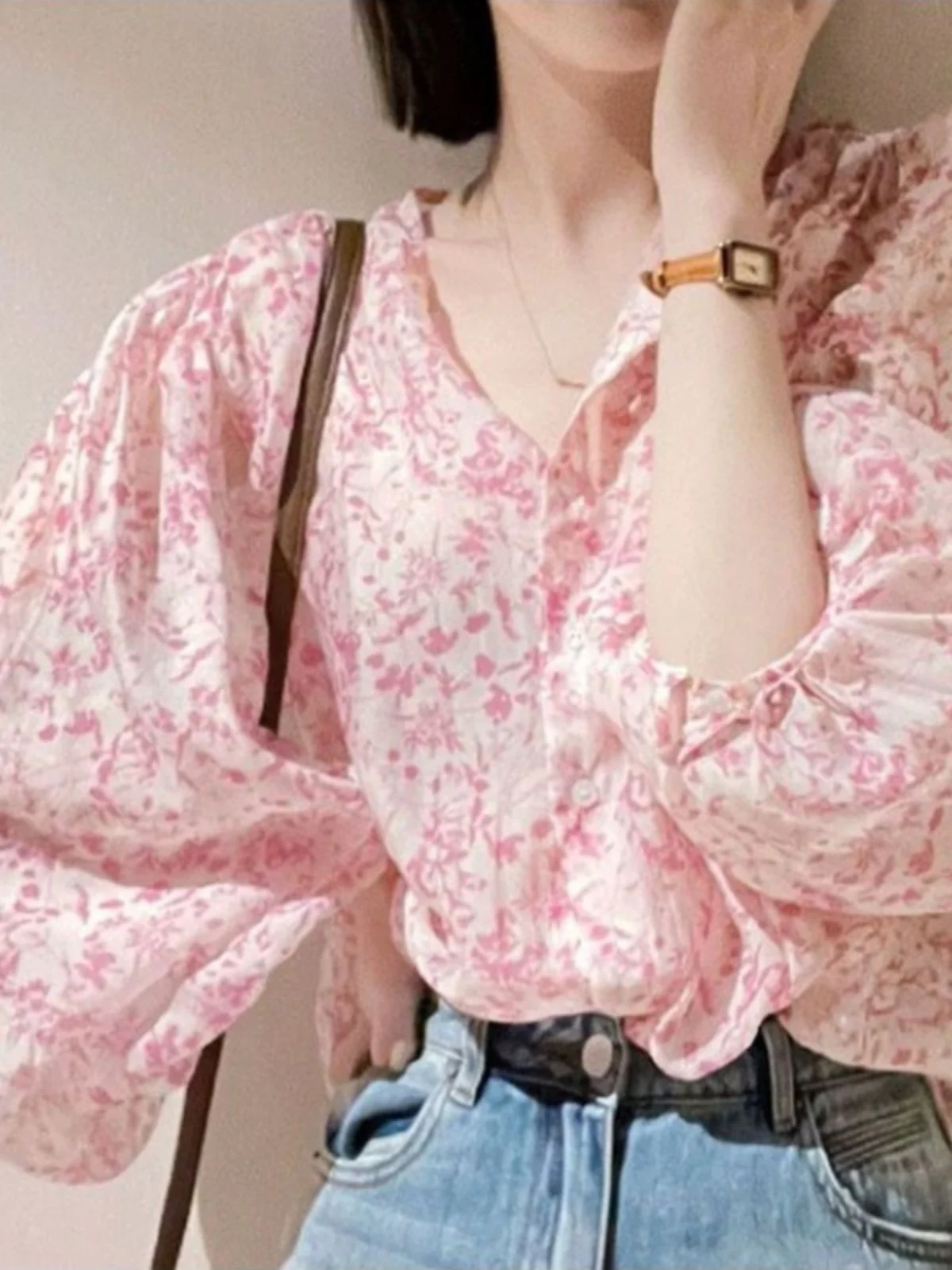 الربيع الصيف الأزهار طباعة فقاعة Sve irt المرأة فضفاضة V-Ne الشمس حماية مفتوحة سترة أعلى ريترو Sle طويل Sve #2