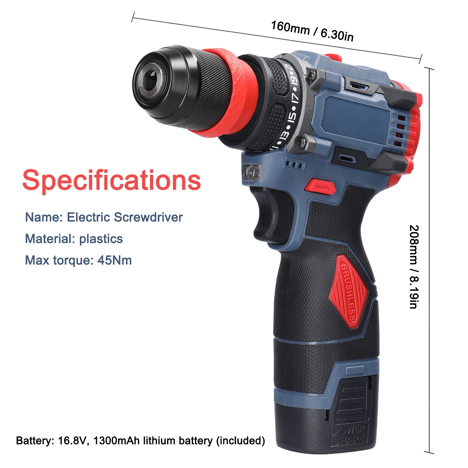 16.8V/21V 2in1 Lithium Drill Electric Screwdriver 45Nm Torque Brushless Motor Screw Driver Multi-function Power Repairing Tools