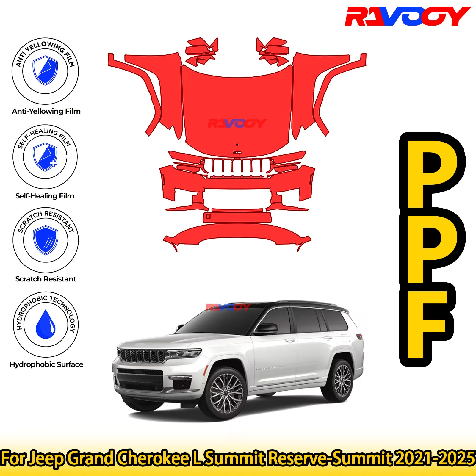 

For Jeep Grand Cherokee L Summit Reserve-Summit 2021-2025 Glossy Matte Black Precut front PPF Kit Paint Protection Film