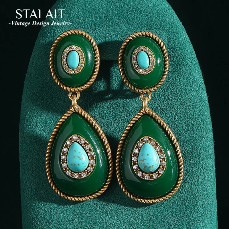 

Vintage Emerald Green Pendant Earrings Stone Water Drop Antique Jewelry Inlaid with Rhinestones for Woman Accessories Luxury