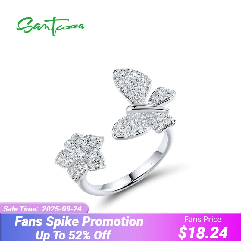 

SANTUZZA Real 925 Sterling Silver Open Rings For Women Sparkling White Cubic Zirconia Edgy Cute Butterfly & Flower Fine Jewelry