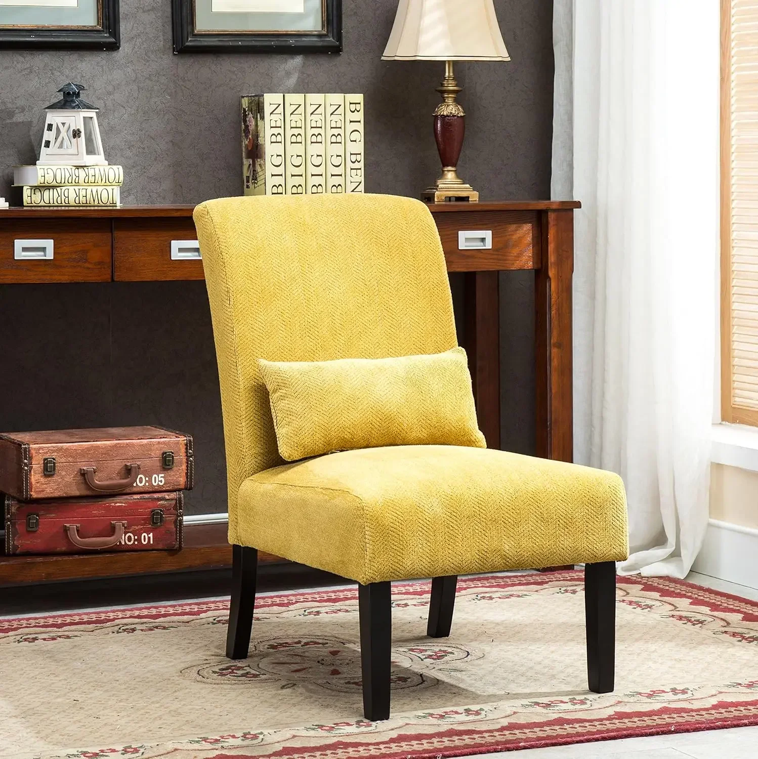 Yellow Pisano Chenille Fabric Armless Contemporary Accent Chair with Matching Kidney Pillow