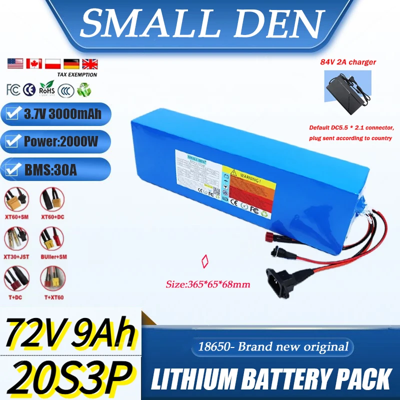 72V 9Ah 18650 20S3P lithium battery pack rechargeable battery 9000mAh, suitable for 84V built-in 30A BMS power tool battery