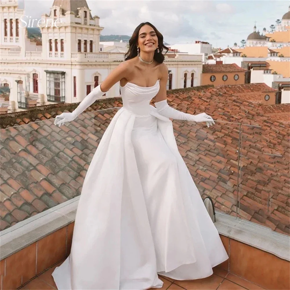 Vestido de novia de satén sin tirantes de princesa Simple personalizado, vestido de novia plisado de playa con hombros descubiertos y abertura lateral, 2025