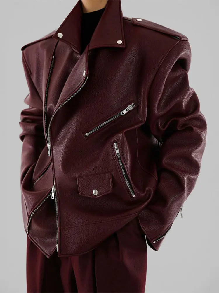 2024 Fashion Solid Lapel Burgundy Leather Jackets Women Vintage Zipper Button Oversize Motocycle Crop Coat Lady High Streetwear