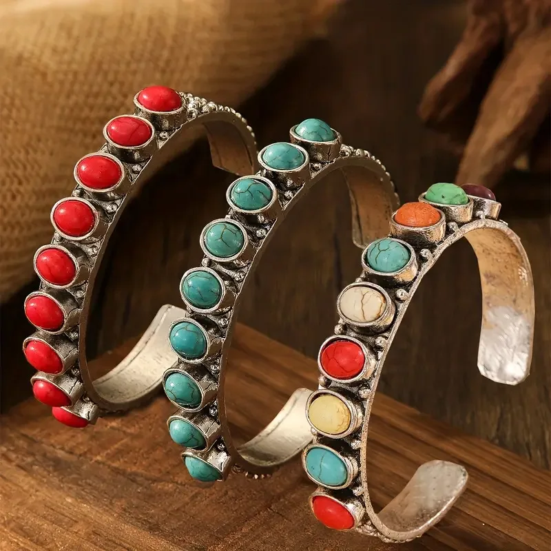 

Vintage Bohemian Turquoise Inlay Cuff Bracelet for Women Alloy Open Adjustable Round Geometric Boho Bangle Fashion Jewelry​