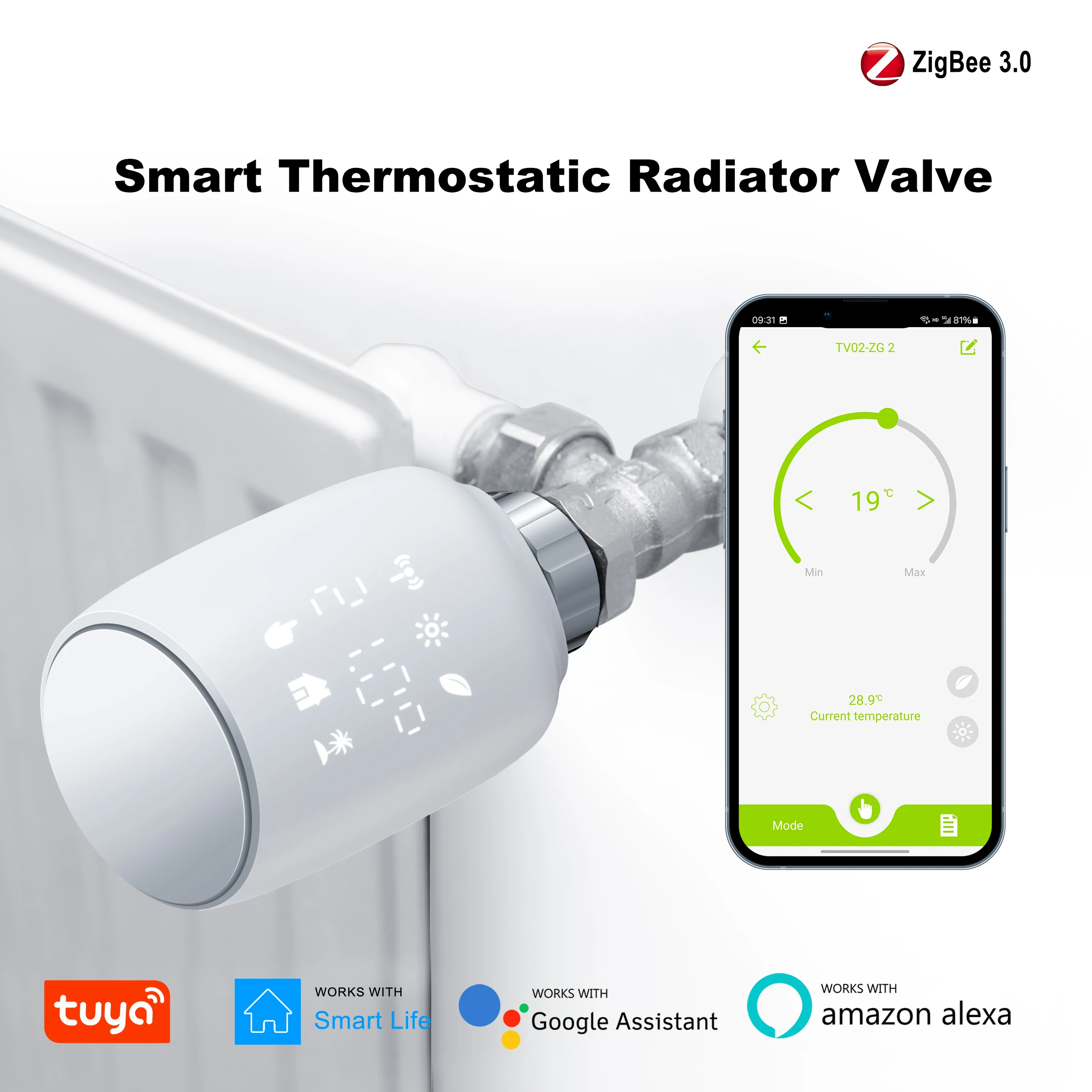 Tuya 스마트 온도 조절 라디에이터 밸브, ZigBee TRV 라디에이터, 온도조절기 프로그래밍 가능한 온도 컨트롤러, Hey Google Alexa 작동