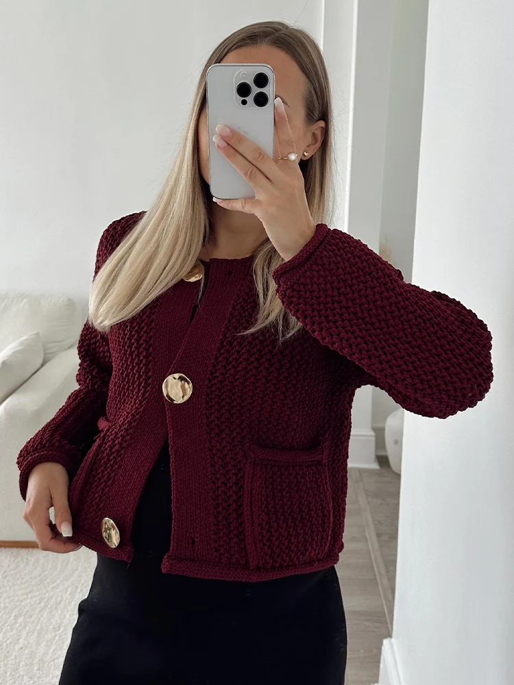 

TRAFZA Woman's New Fashion Sweater Coat Wine Red O-Neck Long Sleeves Pockets Single Breasted Autumn Loose Coat Woman Trendy