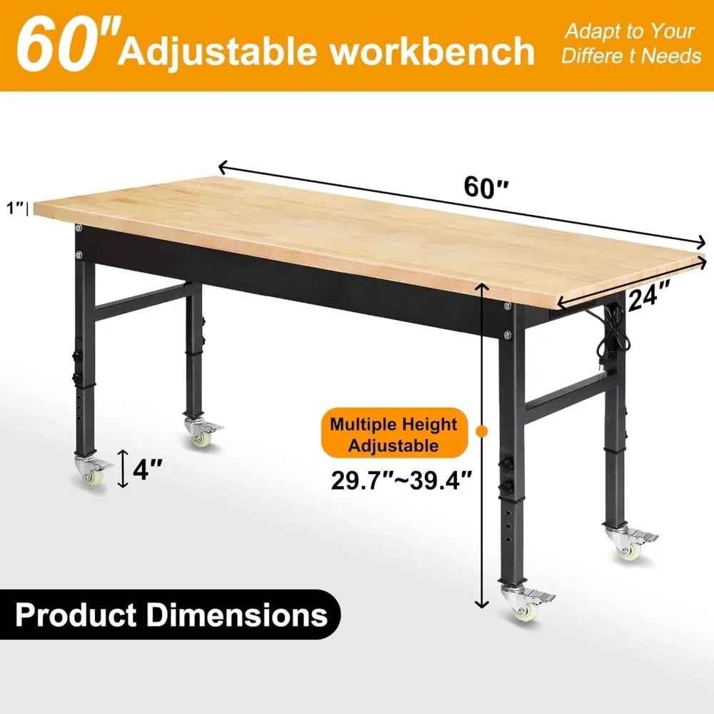60 Inch Adjustable Workbench, Rubberwood Top Workbench, Heavy Duty Work Table with Power Outlet and Wheels