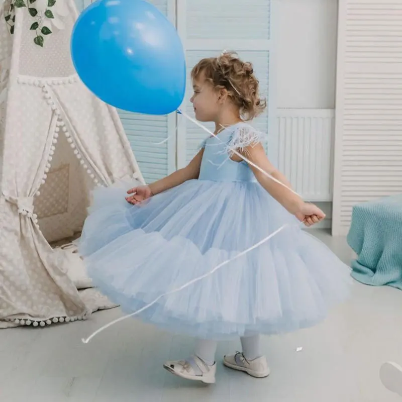 Cute Feathers Sleeveless Flower Dress Kids Bridemaid Wedding Dresses For Children Tulle Gowns Girls Boutique Party Wear Elegant