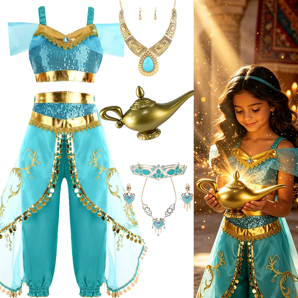 Girls Arabian Dance Costume Oriental Costume for Kids Top and Harem Pants Outfit Sets with Magic Lamp Halloween Costumes
