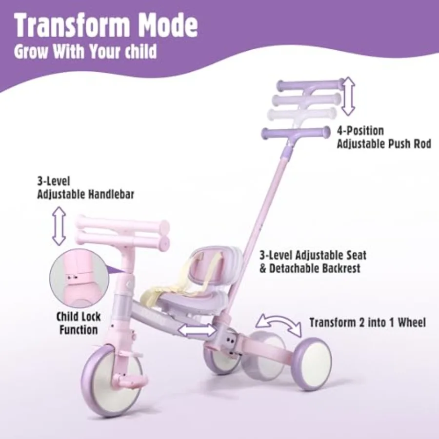 Triciclo infantil 5 em 1 com alça de direção para 1-4 anos, pedais removíveis, rosa, primeiro brinquedo de equitação, presente de aniversário para gi