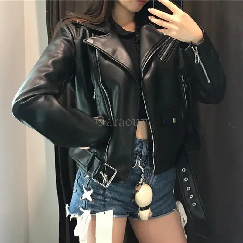 Garaouy 2024 Spring Autumn Women\'s Belt Short Faux Leather Coats Simple Basic Zipper PU Motorcycle Jacket Female Slim Outwear