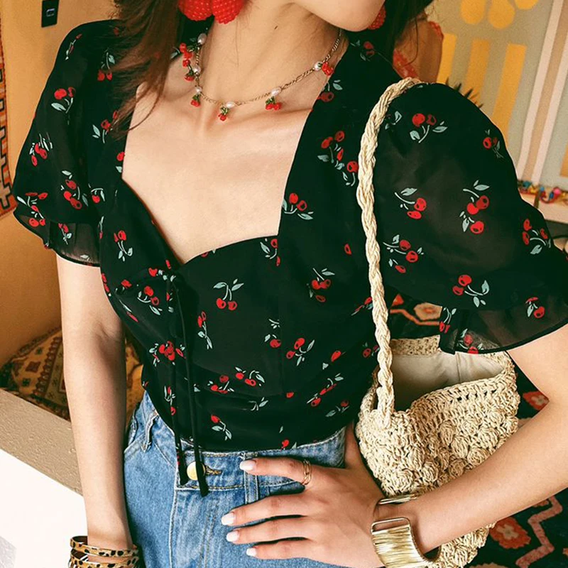 Plus size blouse women's 2024 shirt retro black short-sleeved chiffon shirt summer vacation wind waist slim Joker shirt