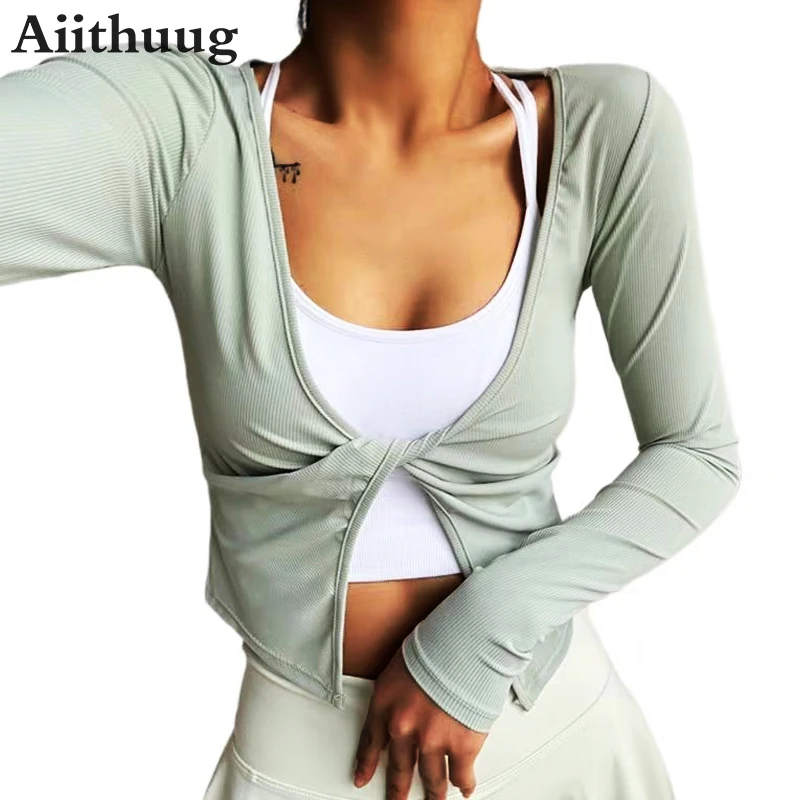 Aiithuug U-Neck Twisted Thread Yoga Cover Up sport top da donna traspirante a maniche lunghe Fitness Running Pilates Training Suit