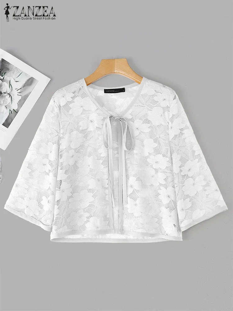 

ZANZEA Summer Lace Tops 2025 Beach Cardigans Women Fashion Open Stitch Solid Casual Loose Lace-up Shirts See-through Cardigan