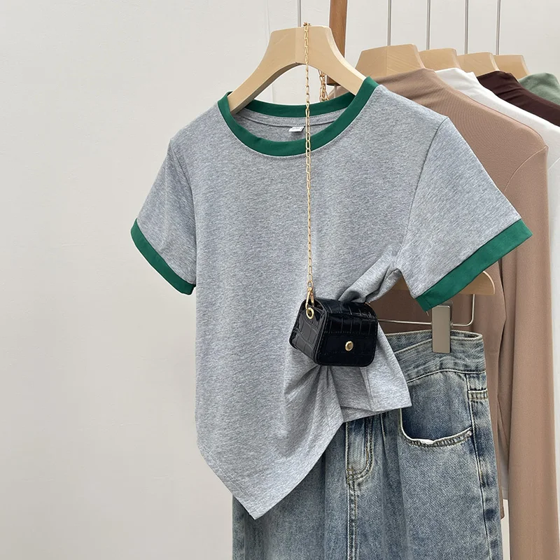 Short Sleeve T-Shirt Women's Regular Fit Cotton round Neck Ultra Short Length Commute Style Korean Version Summer New Arrival