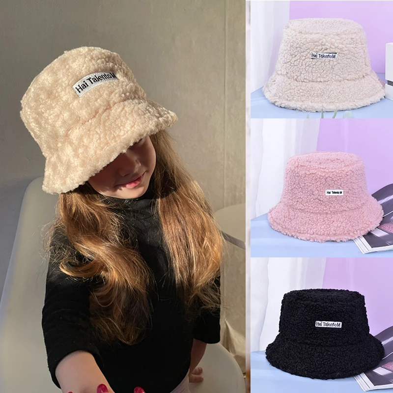 Autumn Winter Baby Girl Boy Bucket Hat Warm Solid Lamb Wool Letter Kids Fisherman Hat Children Outdoor Thick Soft Flat Top Hats