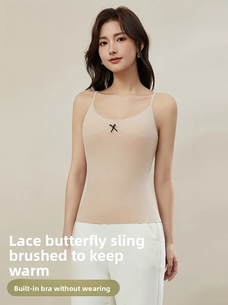 여성용 보온 속옷 탱크탑 가슴 패드 포함 가을 겨울 이너웨어 아우터웨어 통기성 U넥 탄성 섬유
