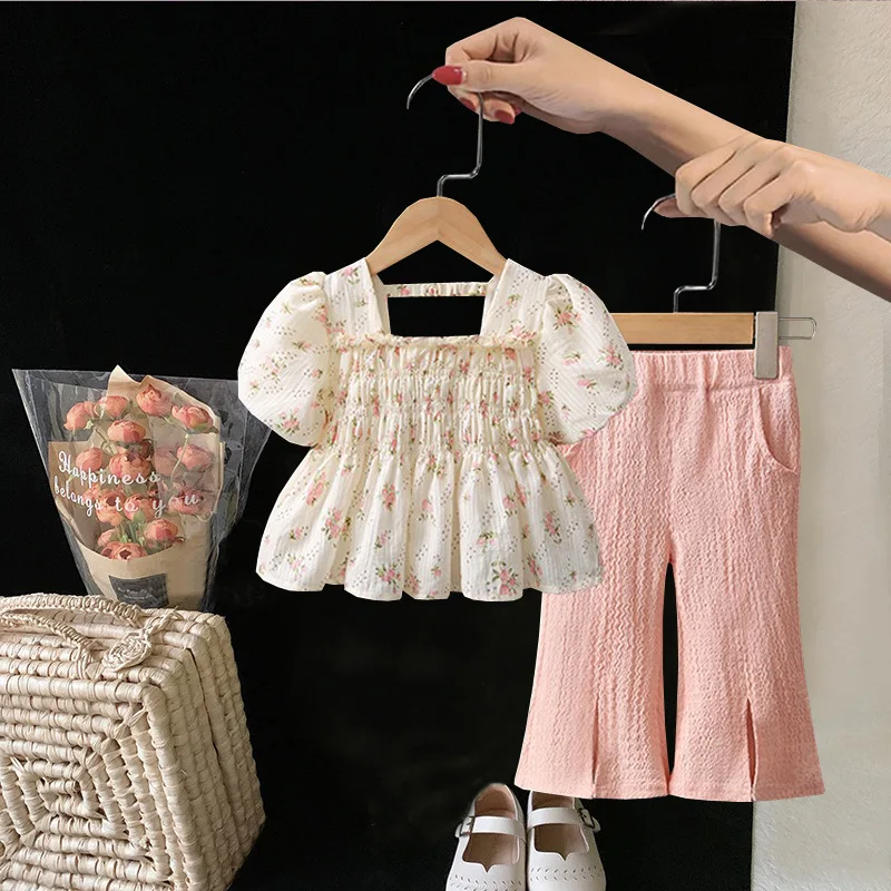 

Girls Suits Floral Bell-bottom Pants Set Summer 2024 New Korean Summer Dress Baby Foreign Style Thin Short-sleeved Two-piece Set