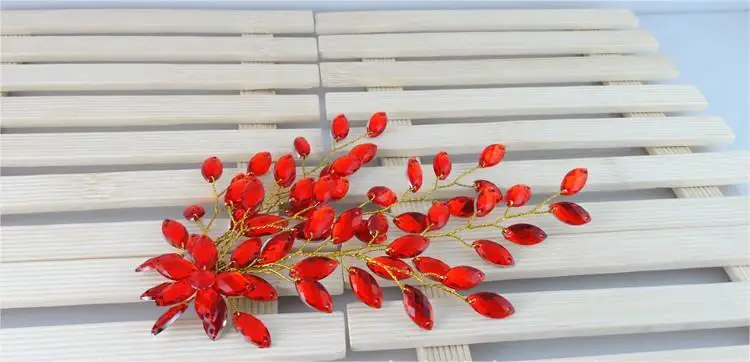Big Leaf Bridal Head Jewelry Piece Flower Red Rhinestone Hair Vine Chinese Wedding Hair Accessories For Bridesmaid Head Dress