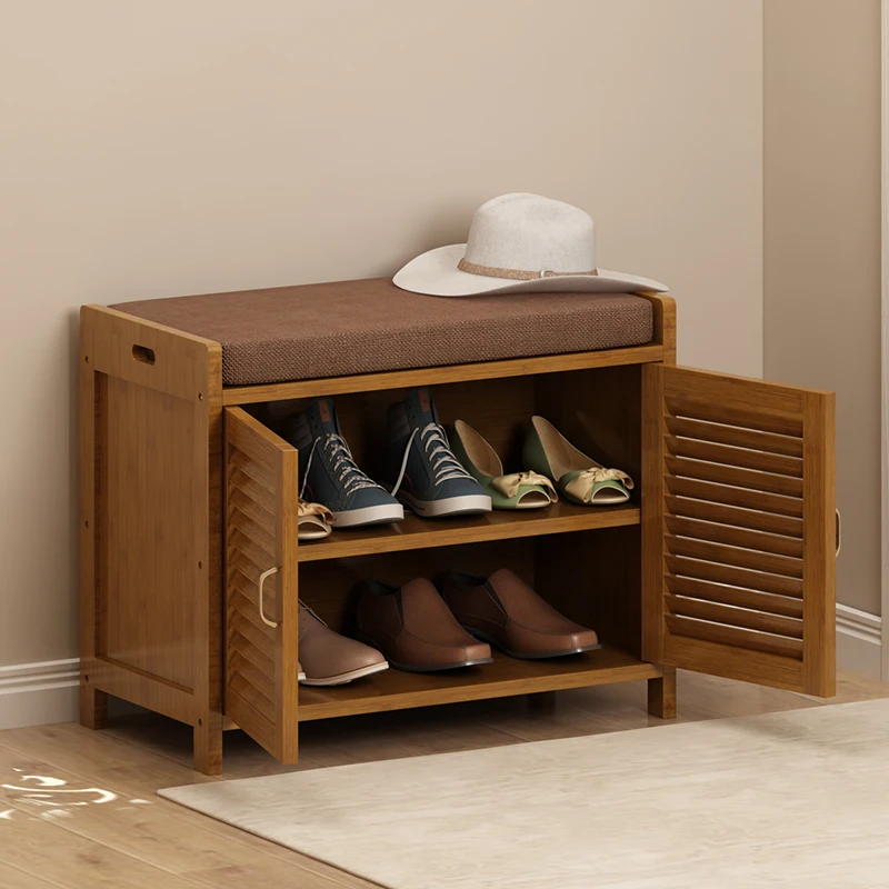 

Bamboo Shoe Stool Cushion Type Shoe Rack Solid Wood Entry-level Storage Creative Shoe Stool Can Be Stored and Sat