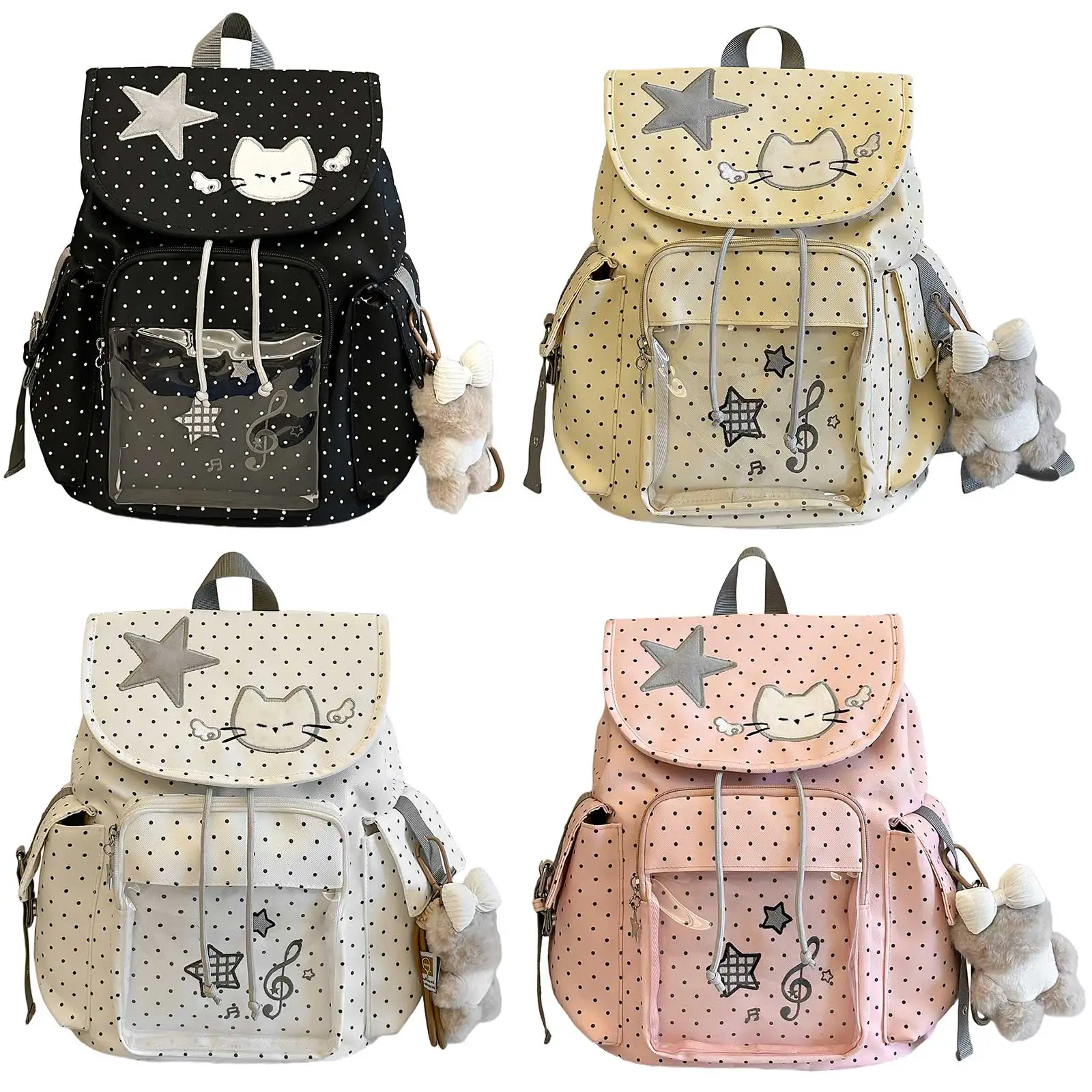 Nylon Fabric Schoolbag Large Capacity Polka Dot Backpack Drawstring Sweet Cat Rucksack for Shopping And Outdoor Family Outings