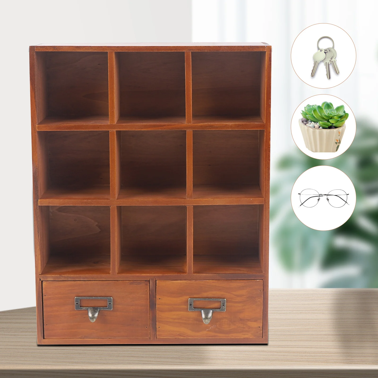 Vintage 9-Cube Wooden Storage Shelf Organizer with 2 Drawers, Desktop Bookshelf Display Cabinet for Bedroom Aesthetic Storage