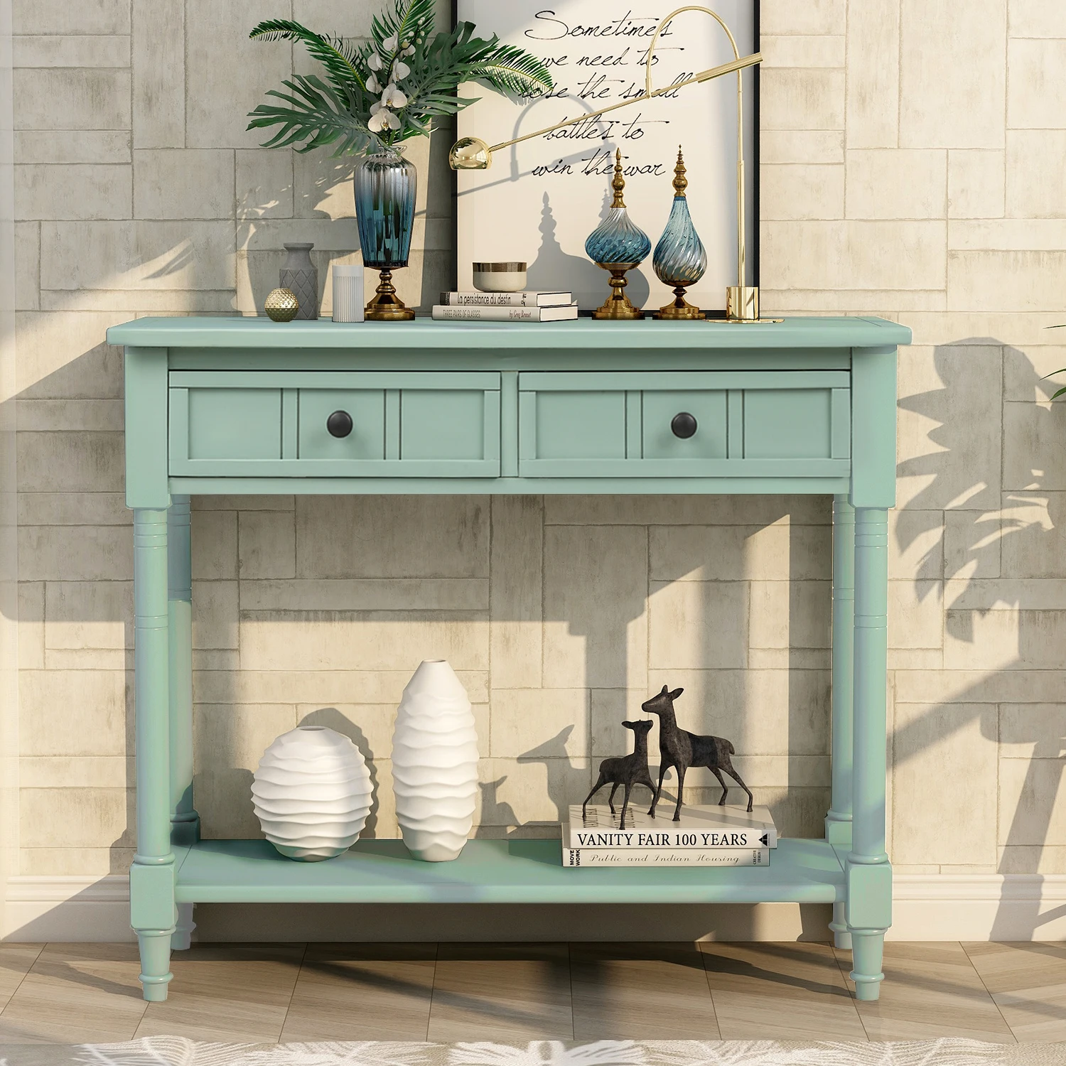 TREXM Daisy Series Console Table Traditional Design with Two Drawers and Bottom Shelf Acacia Mangium (Retro blue)