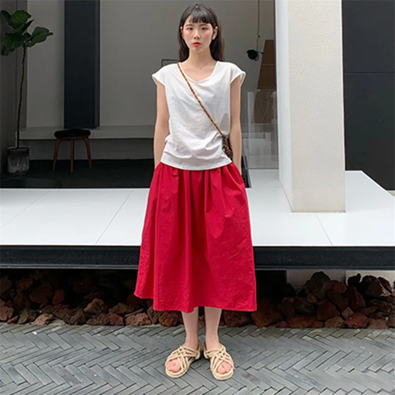 High Elastic Waist Solid Cotton Linen Skirts Summer Women Vintage Chic Casual Skirts Korean Style Female Cute Long Skirts