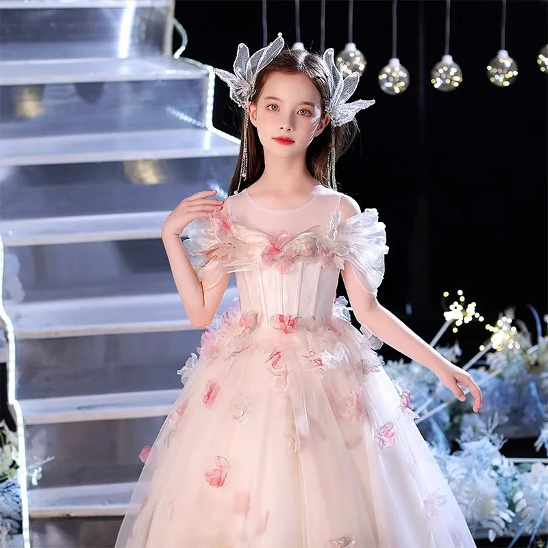 Girl Light Luxury Princess Niche Flower Puffy Tulle Piano Birthday Fairy Children's Little Dress