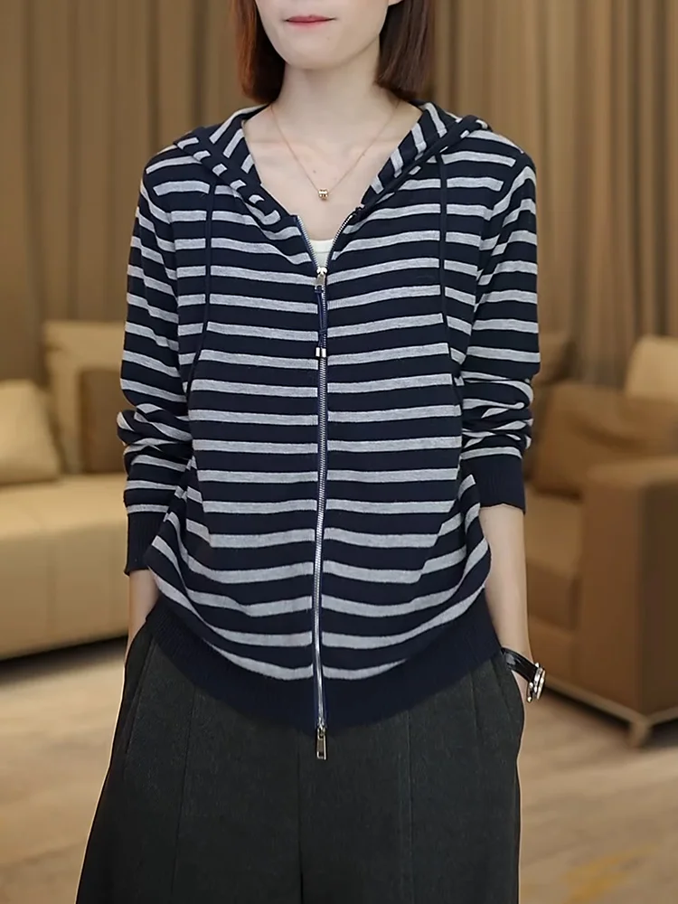 

Versatile Slimming Hooded Striped Knitwear Korean Sle Casual Outerwear for Autumn Season plus Size Women's Faion