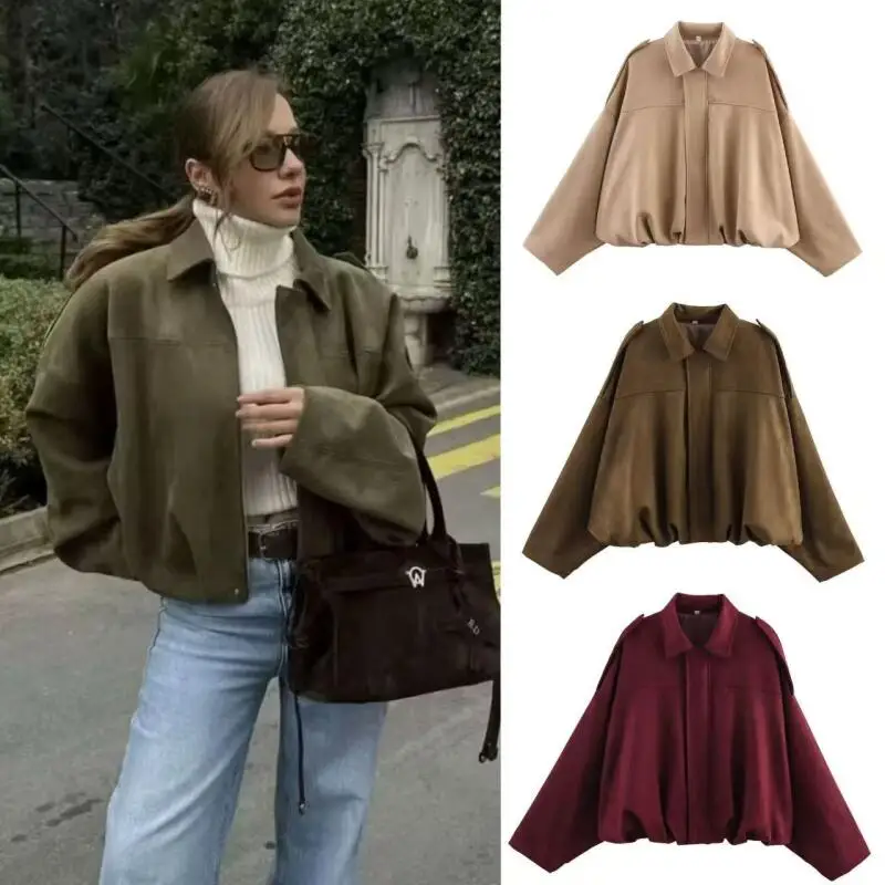 

Women's Suede Bomber Jacket New Fashion Turn-Down Collar Long Sleeve Loose Coats Vintage Female Outerwear Tops Trend Elegant