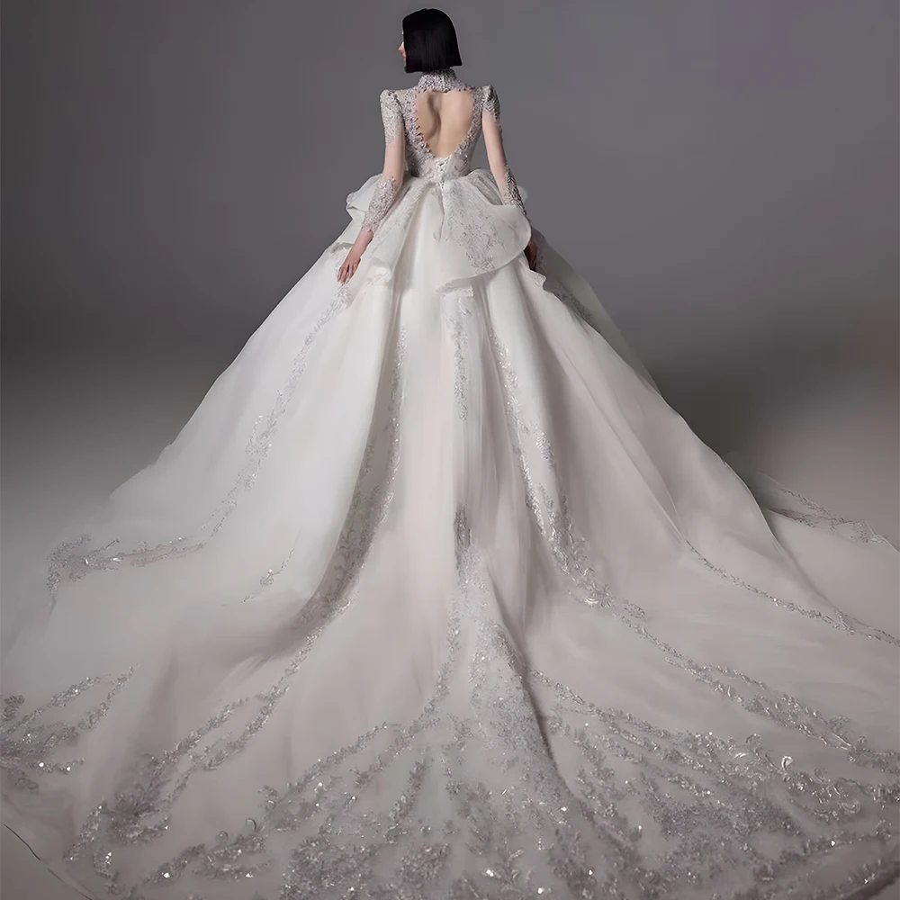 Jancember Romantic Luxury Wedding Gown For Bride 2024 Ball Gown High Neck Full Sleeves Backless Ruffles Robe De Mariée LSHT014