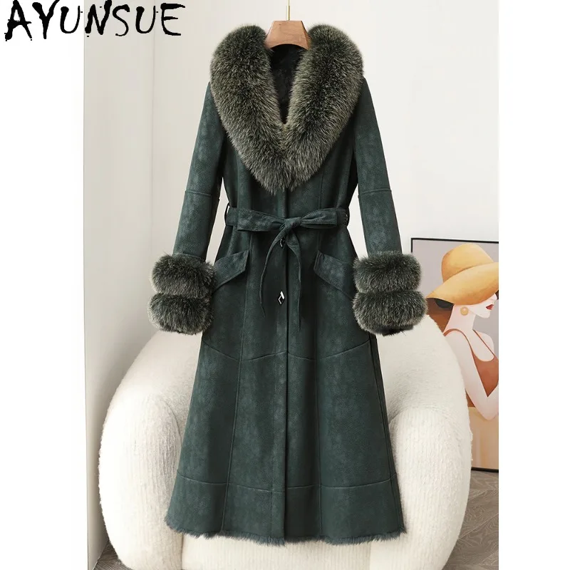 

AYUNSUE Fur Coat Woman 2025 Fox Fur Collar Woman Coat Winter Office Clothes Woman High Quality Mid-long female Clothe Ropa Mujer