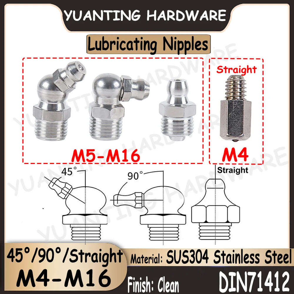 

1Piece-10Pcs 45° 90° Straight SUS304 Stainless Steel Lubricating Nipples Cone Type Hydraulic Grease Nipple Fittings DIN71412