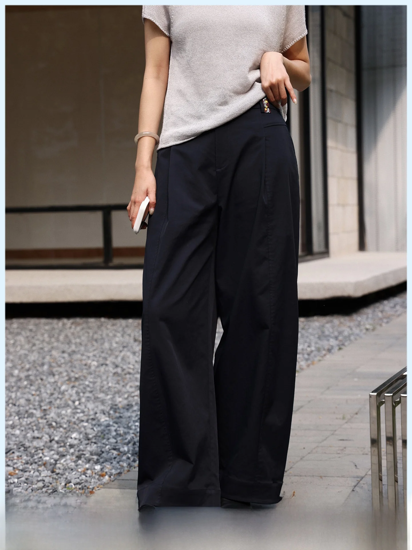 

Casual Wide Leg Pants Design Sensation Slimming Dark Blue Asymmetrical Knife Cut Summer New Style Women's High Waist Trousers