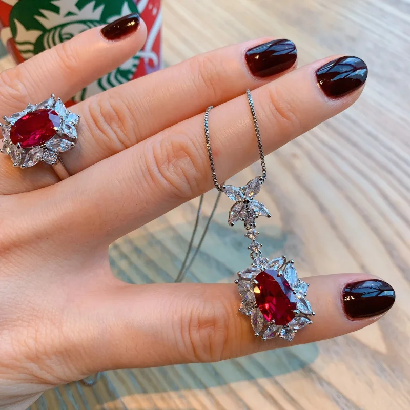 

European American style colorful gemstone red glass earrings, pendants, rings, fresh and simple jewelry sets wholesa