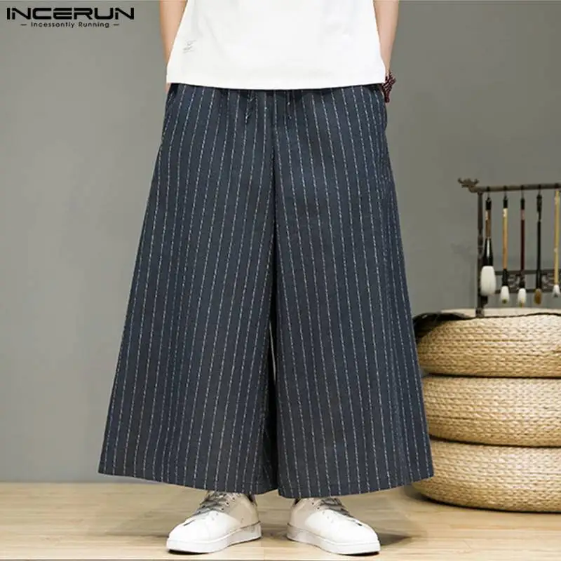 INCERUN-Pantalon rayé pour homme, Joggers Wstring de proximité, At Streetwear, Jambe large, FjMen 2024, Poches, Vintage Casual Male Pants, S-5XL