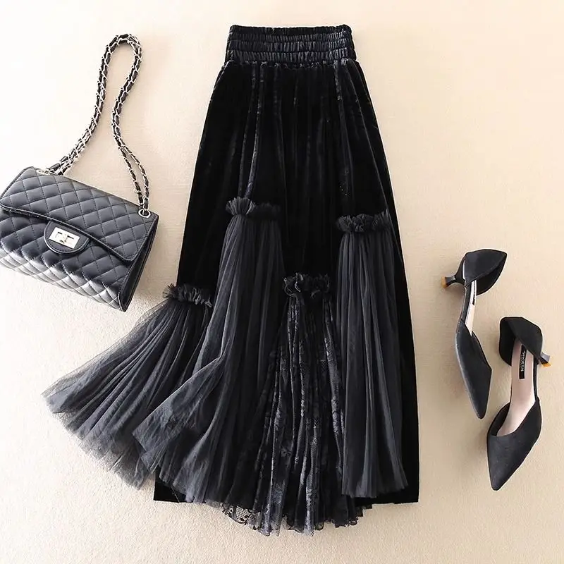 Drape Pleated Skirt Women New High Waist Versatile Velvet Splicing Mesh Skirt Women Trendy