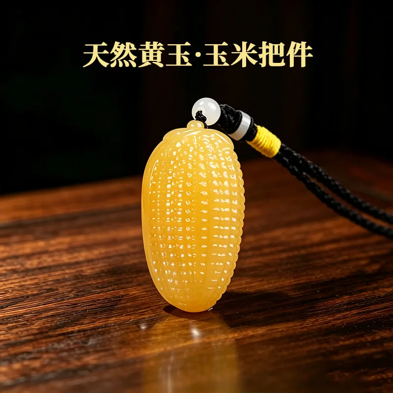 Naturally hand-carved yellow jade corn pendant, abundant fruit, raw stone corn cob pendant