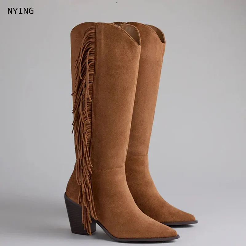 

Large Size 44 Women Retro Ethnic Western Cowboy Boots Block Medium Heels Tassel Fringe Kneehigh Boot Lady Winter Shoes
